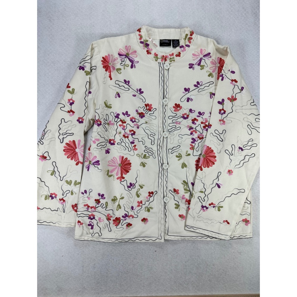 National Geographic Women Floral Embroidered Cotton Jacket Off-White Large L